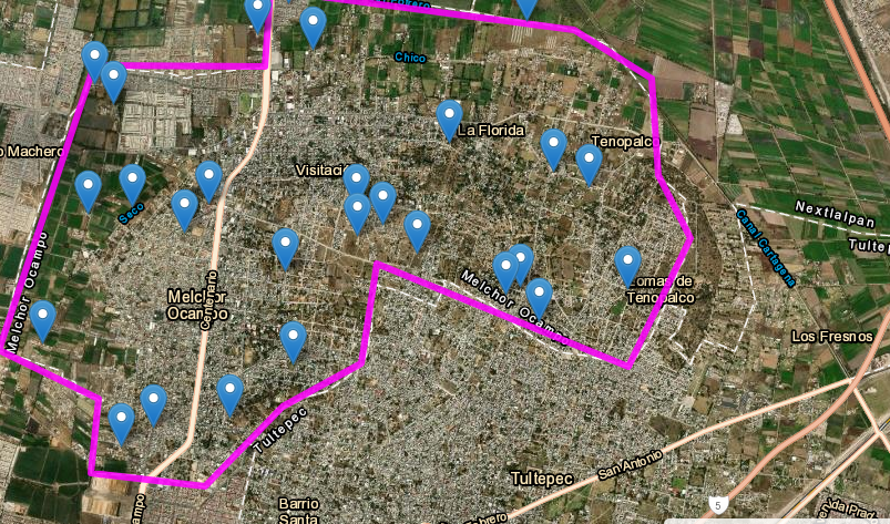 mapa cobertura lavado de cisternas y tinacos en Melchor Ocampo