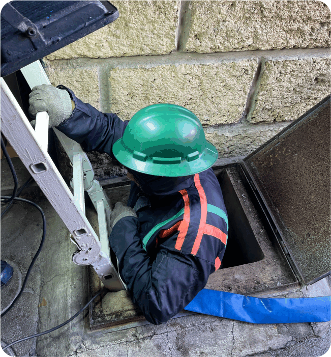 Operador descendiendo por escalera para realizar limpieza de cisternas en Metepec