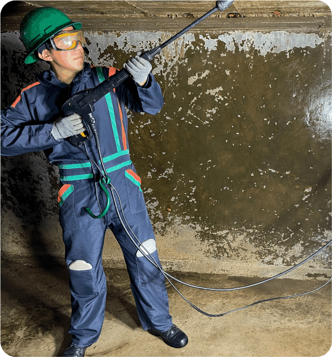 Operador realizando un lavado de cisternas en Iztapalapa